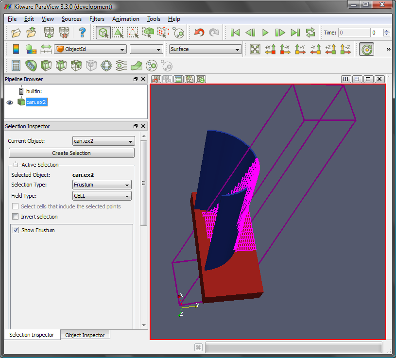 Figure 2: Selection using a Frustum. Note that all cells that lie within the specified frustum are selected. The selection inspector shows the details of the selection.