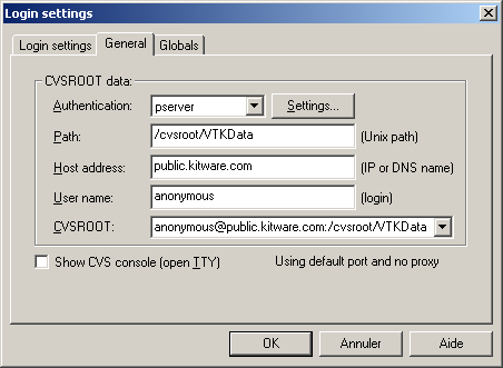 WinCVS login settings for VTKData