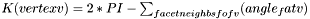 $K(vertex v) = 2*PI-\sum_{facet neighbs f of v} (angle_f at v)$